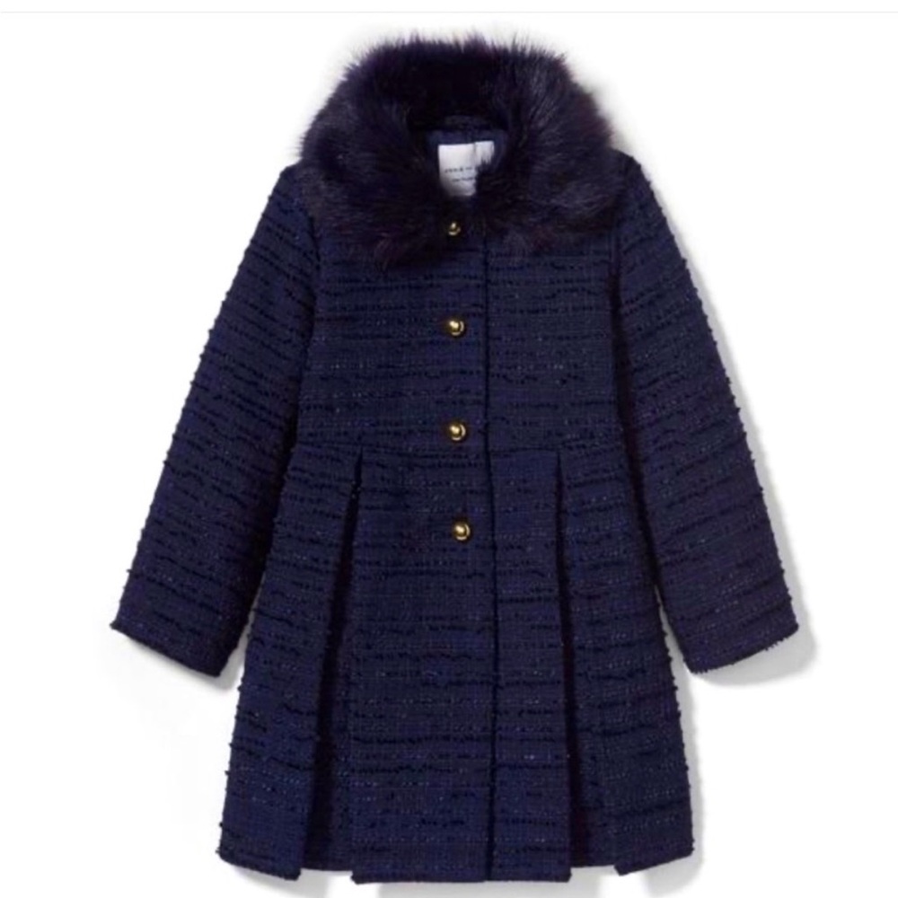 Janie and Jack Navy Boucle Coat with Faux Fur Collar - Size 5/6